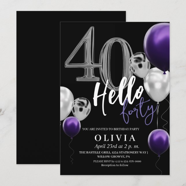 Invitation 40e anniversaire moderne Black Silver violet Ballo (Devant / Derrière)