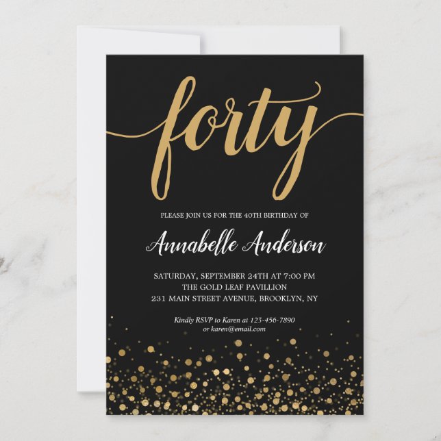 Invitation 40e Anniversaire moderne Noir Confetti Script (Devant)