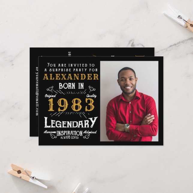 Invitation 40e anniversaire Né 1983 Black Gold Retro Photo (Devant/Arrière en situation)