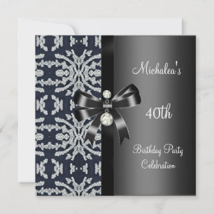 Invitation 40e Anniversaire Noir Blanc Argent Floral Bijou Ar