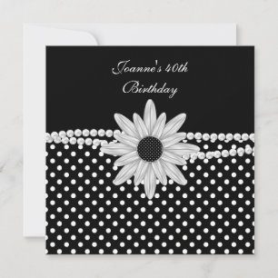 Invitation 40e Anniversaire Noir Blanc Perle Fleur Tache