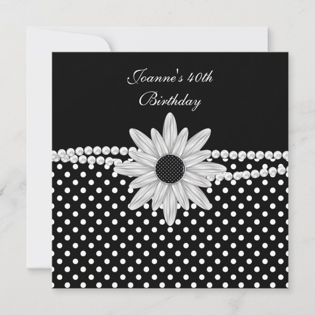 Invitation 40e Anniversaire Noir Blanc Perle Fleur Tache (Devant)