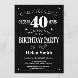 Invitation 40e anniversaire Noir et blanc Chalkboard