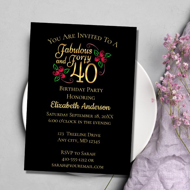 Invitation 40e anniversaire noir et or avec des roses (Créateur téléchargé)
