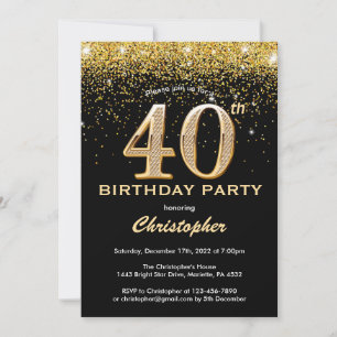 Invitation 40e anniversaire Noir et Parties scintillant d'or 