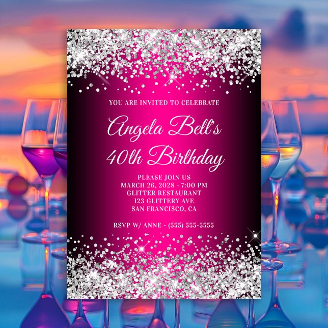 Invitation 40e anniversaire Noir et Rose Chaud Paillettes Arg (Silver Glitter Black and Hot Pink 40th Birthday Invitation)