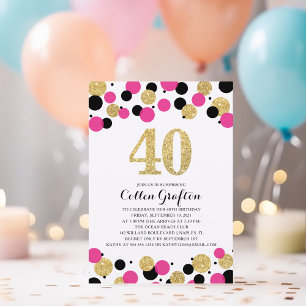 Invitation 40e anniversaire Noir Hot Pink Gold Parties scinti