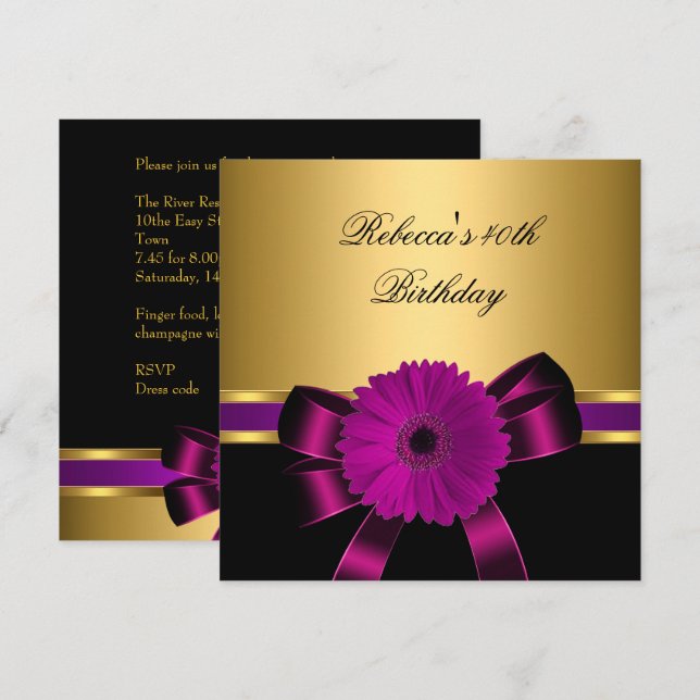 Invitation 40e Anniversaire Noir Prune Rose Violet Fleur Or (Devant / Derrière)