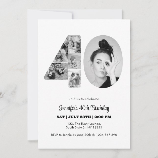 Invitation 40e anniversaire Numéro 40 Photo Collage noir blan (Devant)