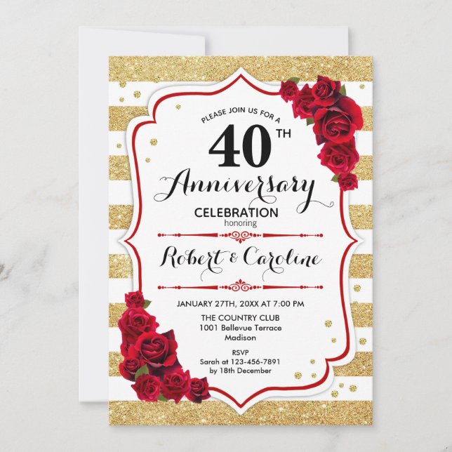Invitation 40e Anniversaire - Or Roses Blanches Rouges (Devant)