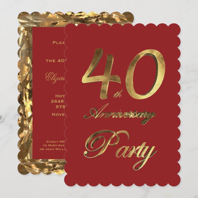 Invitation 40e Anniversaire Or Rouge Élégant (Devant / Derrière)