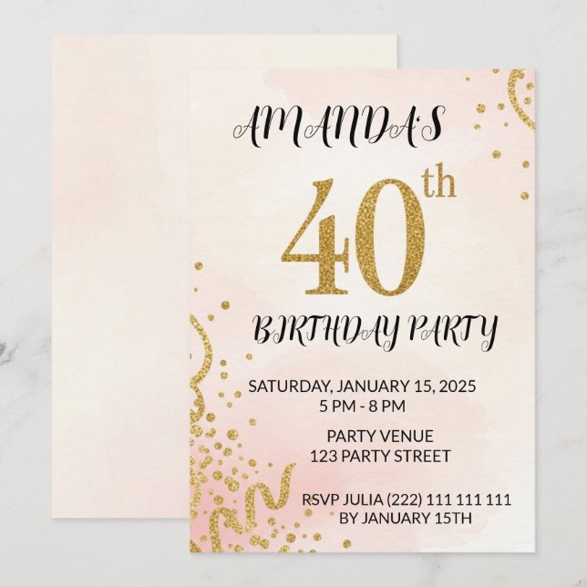 Invitation 40e anniversaire Paillettes Or Moderne (Devant / Derrière)
