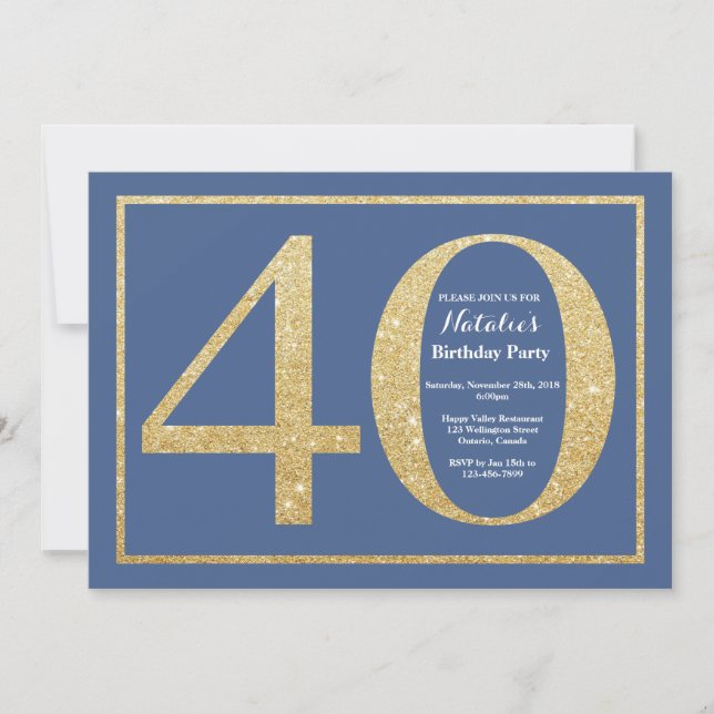 Invitation 40e anniversaire Parties scintillant bleue et or (Devant)