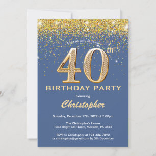 Invitation 40e anniversaire Parties scintillant bleue et or C
