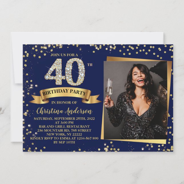Invitation 40e anniversaire Parties scintillant d'or bleu mar (Devant)