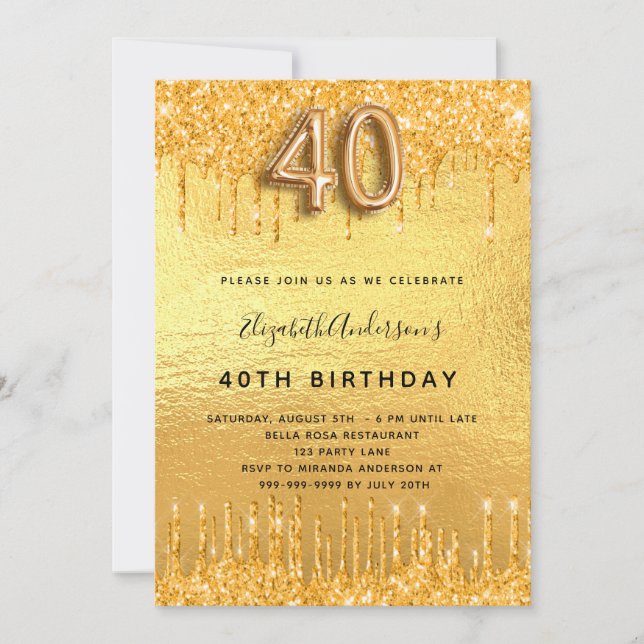 Invitation 40e anniversaire parties scintillant d'or gouttes  (Devant)