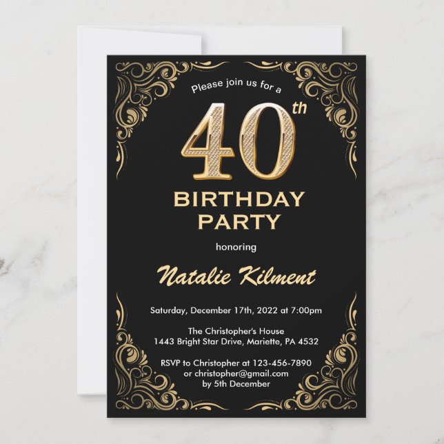 Invitation 40e anniversaire Parties scintillant noir et or ca (Devant)
