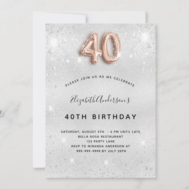 Invitation 40e anniversaire parties scintillant or argent (Devant)