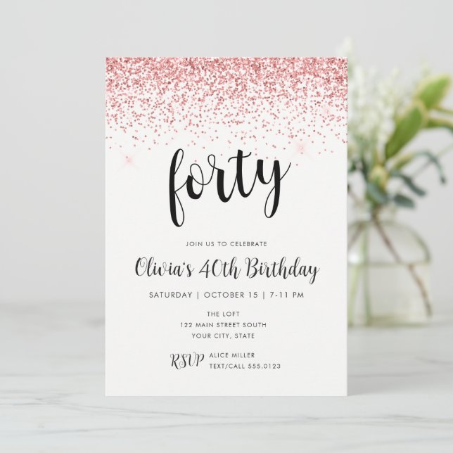 Invitation 40e anniversaire Parties scintillant rose Confetti (Debout devant)