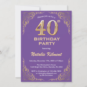 Invitation 40e Anniversaire Parties scintillant violet et or