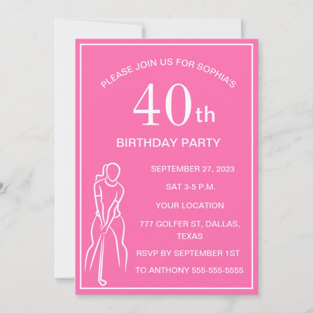 Invitation 40e Anniversaire Party Golfer Pink Ladies Golf Par (Devant)