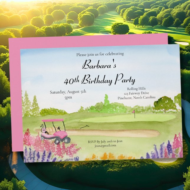 Invitation 40e Anniversaire Party Pink Golf Cart Golf Course (Créateur téléchargé)