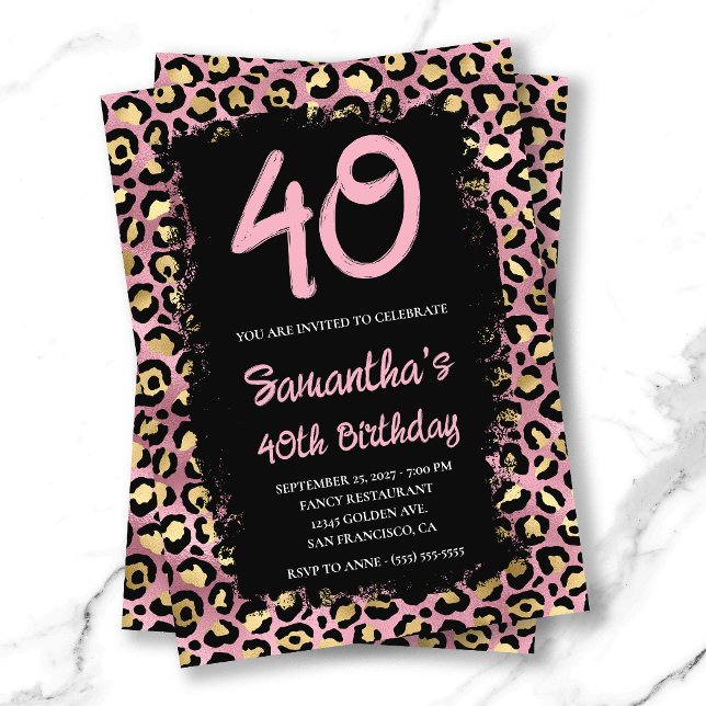 Invitation 40e anniversaire peint en noir avec léopard doré e (Gold and Pink Leopard Painted Black 40th Birthday Invitation)