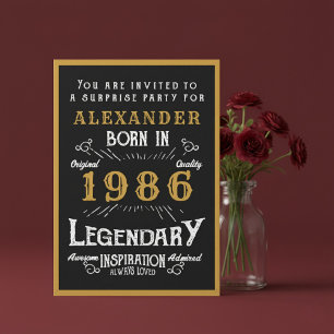Invitation 40e anniversaire personnalisé 1986 Légende Noir Or