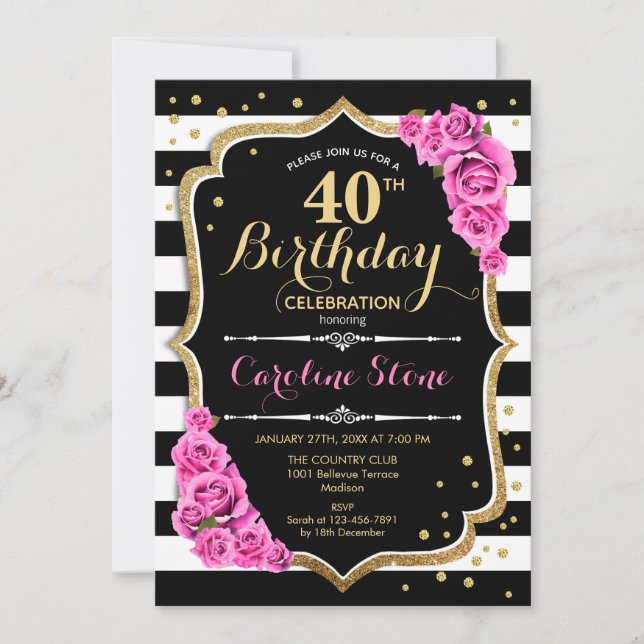 Invitation 40e anniversaire Pink Black White Strip (Devant)