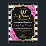 Invitation 40e anniversaire Pink Black White Strip<br><div class="desc">40th Birthday Invitation Design élégant noir blanc rose avec fausse parties scintillant. Bandes noires et blanches avec roses roses roses. Parfait pour une soirée d'anniversaire élégante.</div>