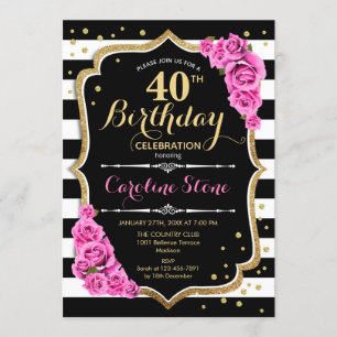 Invitation 40e anniversaire Pink Black White Strip