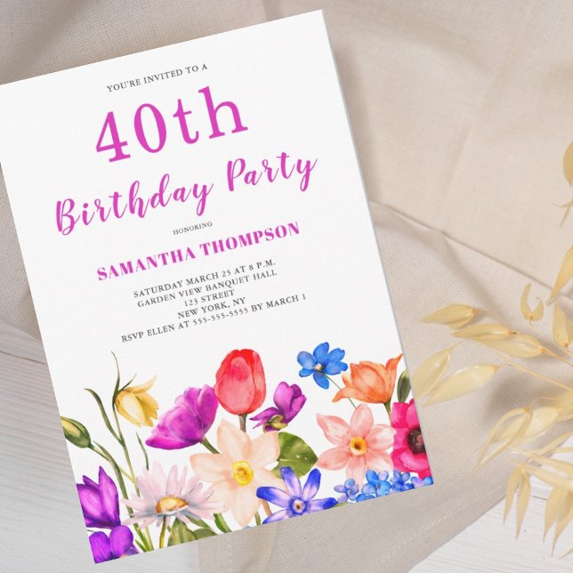 Invitation 40e anniversaire Pink Floral (Créateur téléchargé)