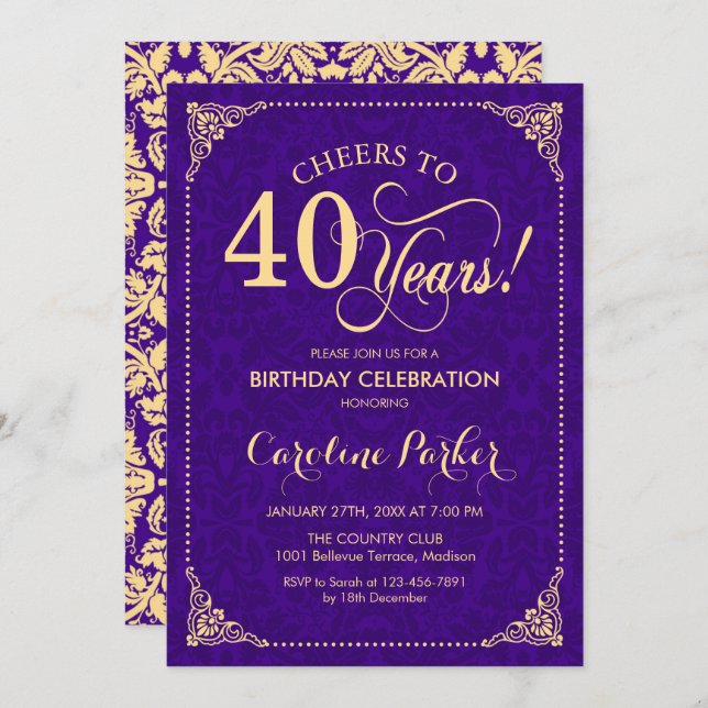 Invitation 40e anniversaire - Purple Gold Damask (Devant / Derrière)