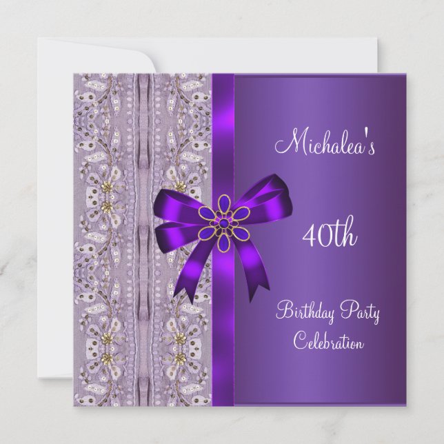 Invitation 40e anniversaire Purple Gold Floral Jewel Bow (Devant)