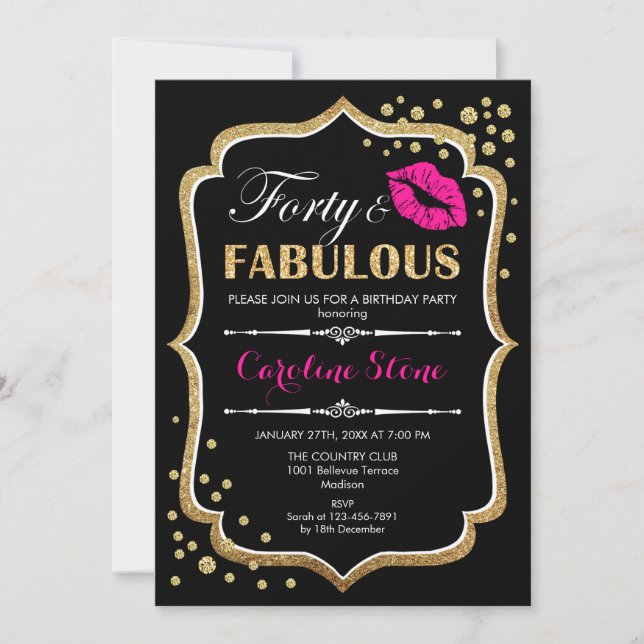 Invitation 40e anniversaire - Quarante fabuleux or noir rose (Devant)