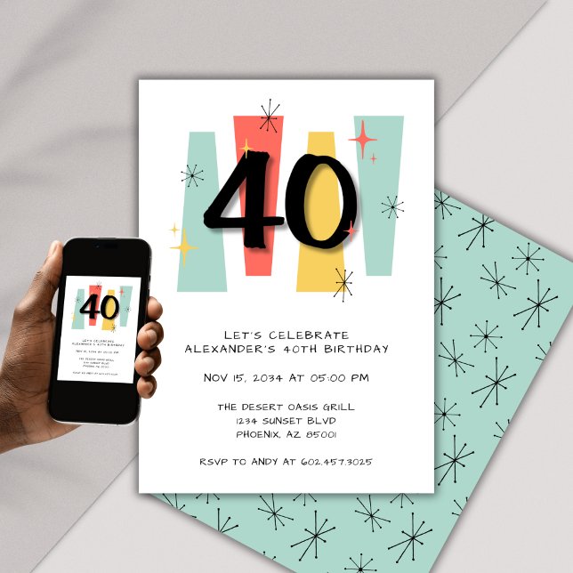 Invitation 40e Anniversaire Retro Midsiècle moderne coloré (Créateur téléchargé)