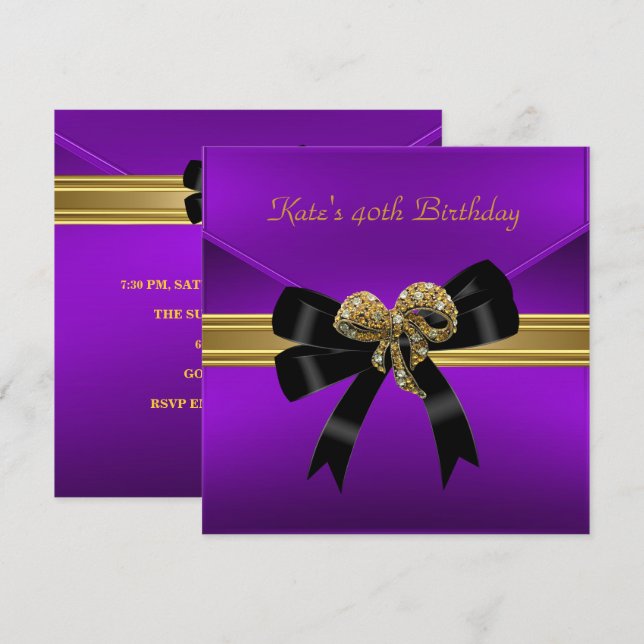 Invitation 40e anniversaire Rich Royal Black Purple Bijou or (Devant / Derrière)