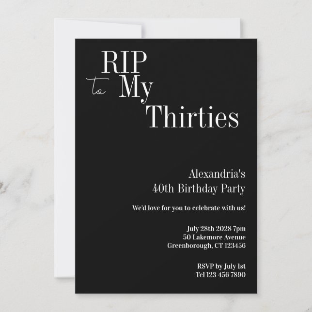 Invitation 40e anniversaire RIP 30s Black and White Party (Devant)