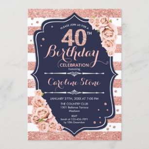 Invitation 40e anniversaire - Rose de la marine Gold et White