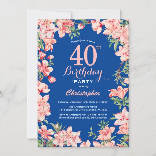 Invitation 40e anniversaire rose fleurs florales bleu (Devant)
