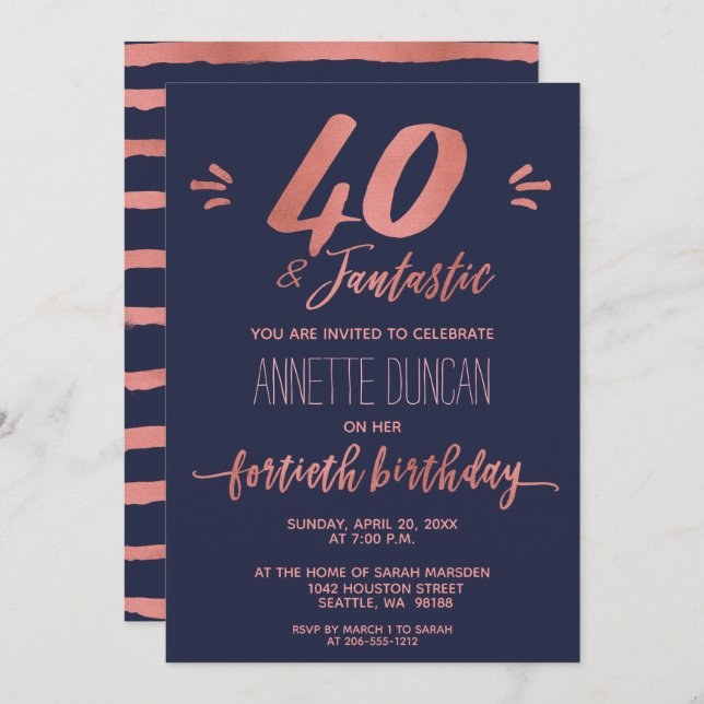 Invitation 40e anniversaire Rose Gold Blue soirée tendance (Devant / Derrière)