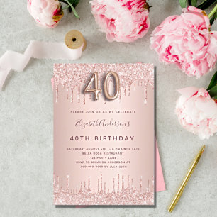 Invitation 40e anniversaire rose gouttes d'or rousse