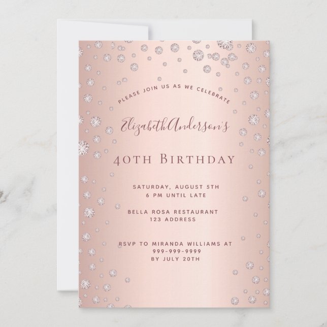 Invitation 40e anniversaire rose or diamant (Devant)