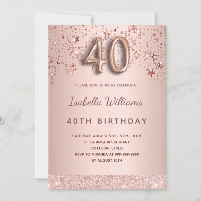 Invitation 40e anniversaire rose or rose étoiles script ballo (Devant)