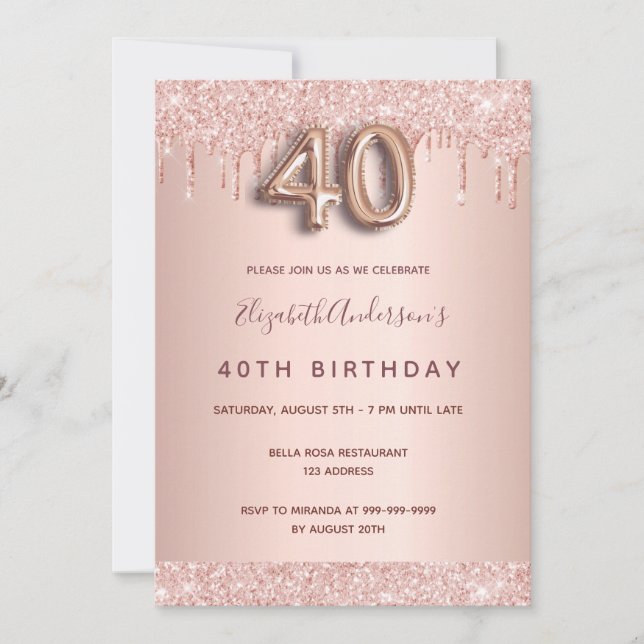Invitation 40e anniversaire rose parties scintillant or goutt (Devant)