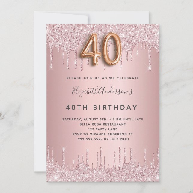 Invitation 40e anniversaire rose poussiéreux gouttes de parti (Devant)