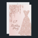 Invitation 40e anniversaire rose robe d'or parties scintillan<br><div class="desc">Elégante, classique, glamour et style girly invitation à la fête. Une robe en or rose avec fausse parties scintillant rose en or goutte à goutte. Rose or ombre arrière - plan. Avec le texte : 40ème Anniversaire sur le devant écrit avec un rose moderne couleur foncé écriture de style lettré....</div>