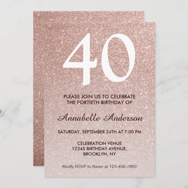 Invitation 40e anniversaire Rose Rose Parties scintillant or  (Devant / Derrière)