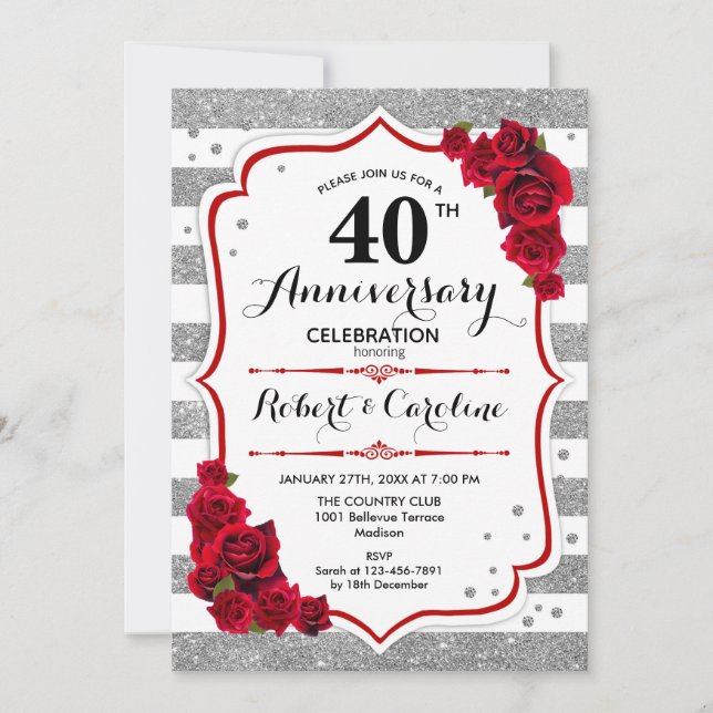 Invitation 40e anniversaire - Roses rouges blanches argentées (Devant)