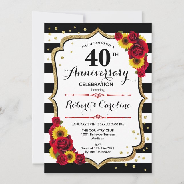 Invitation 40e anniversaire - Roses rouges tournesols (Devant)